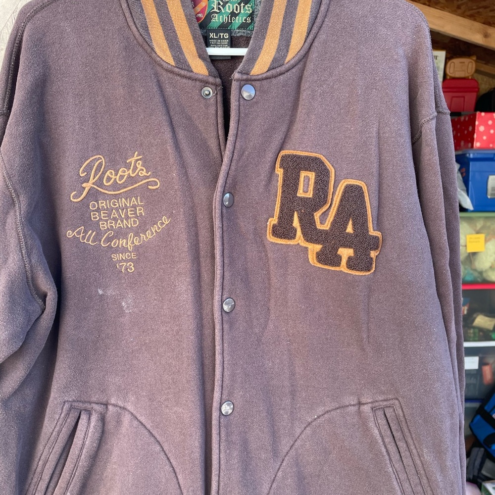 Vintage XL Roots Athletics Canada Embroidered VarsityJacket Brown